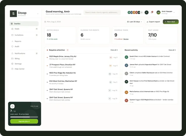 Stoop dashboard showing active deals, tasks requiring attention, and recent activity